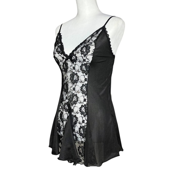 80s 90s Vintage Black Faux Teddy Sheer Lace Slip Dress. Small. Gothic Whimsigoth - Picture 2 of 9